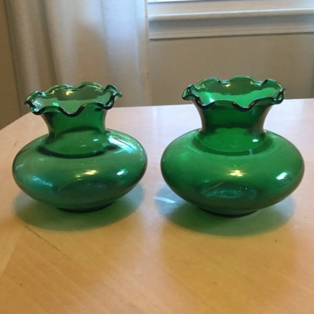 Vintage Green Glass Vases Ruffled Top Set of 2
